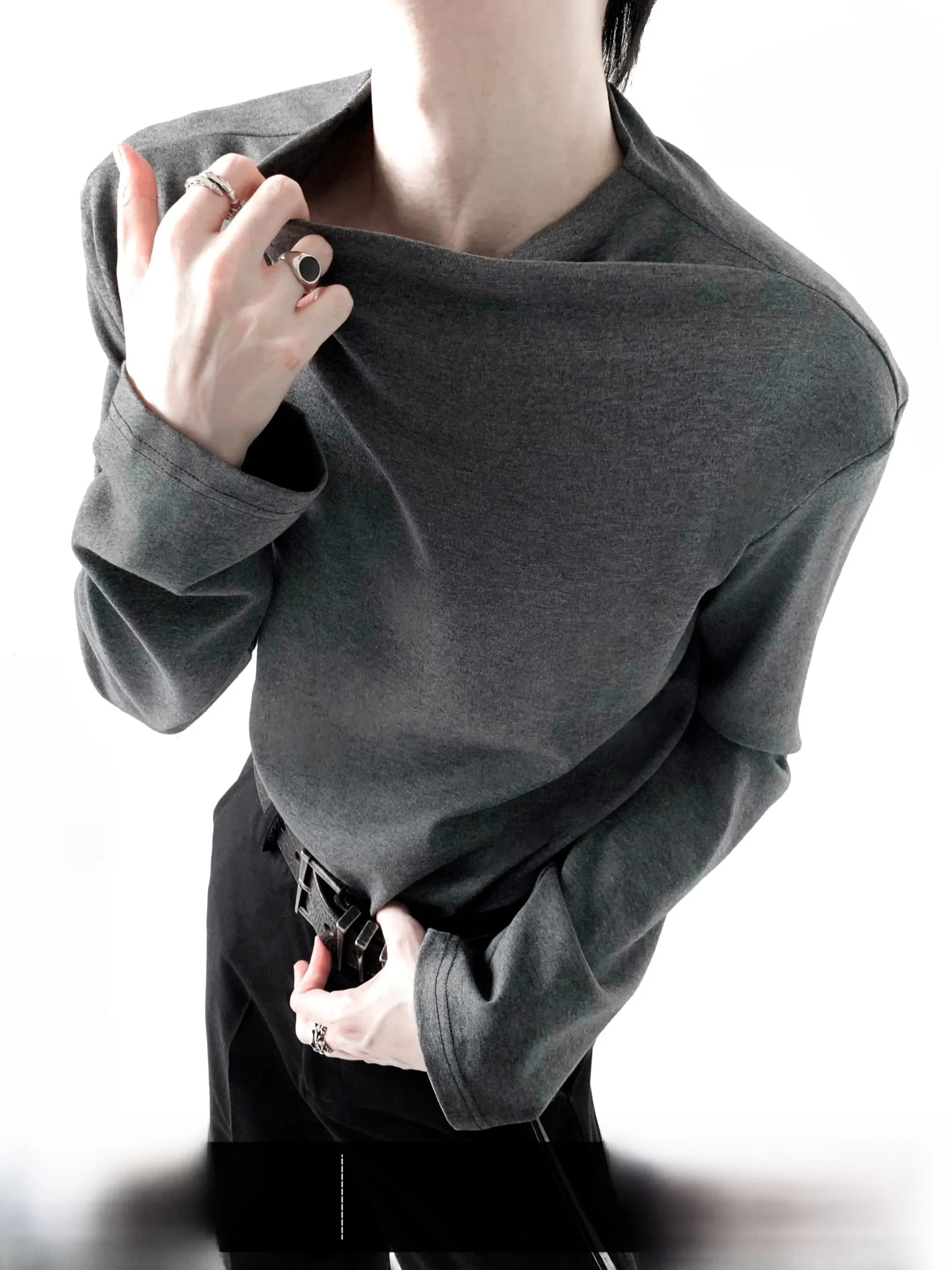 Cleanfit Cross Collar Long Sleeve T-Shirt Men's Grey Base Layer Shirt Autumn Mountain Wind Retro Coin Style Skin-friendly Bre...