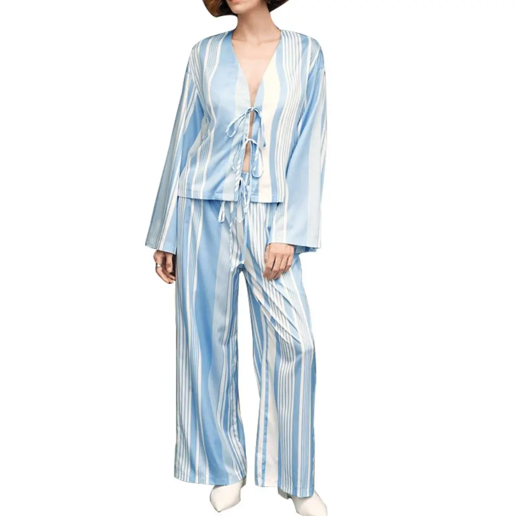 

Autumn Elegant Striped Long Sleeve Shirt and Straight Leg Pants Set Sleepwear Two-Piece Women's Fashion Outfit