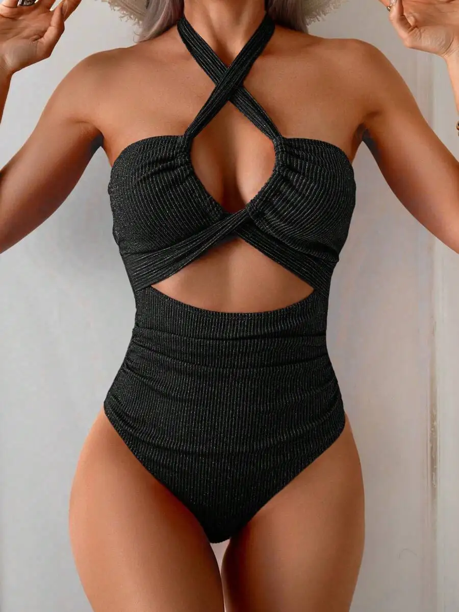 Womens Criss-Cross Halter One-Piece Swimsuit With Cut-Out Design