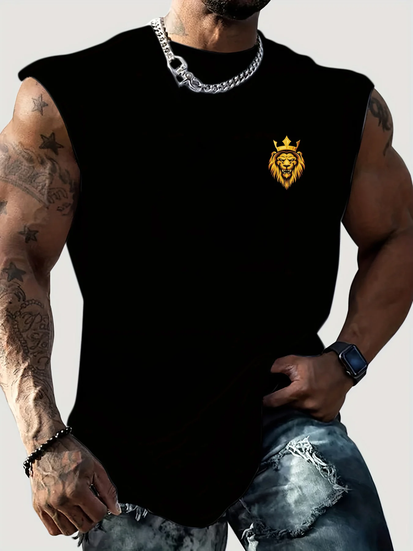 

Men's Summer Leisure Sports Fitness Loose Lion Pattern Printed Comfortable and Breathable Round Neck Sleeveless Tank Top