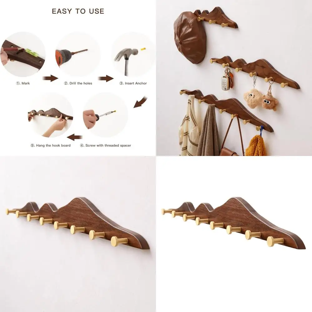 

Wall-Mounted Wooden Coat Rack with 8 Gold Hooks, 29 Heavy-Duty Decorative Entryway Organizer for Hats, Bags, and Keys