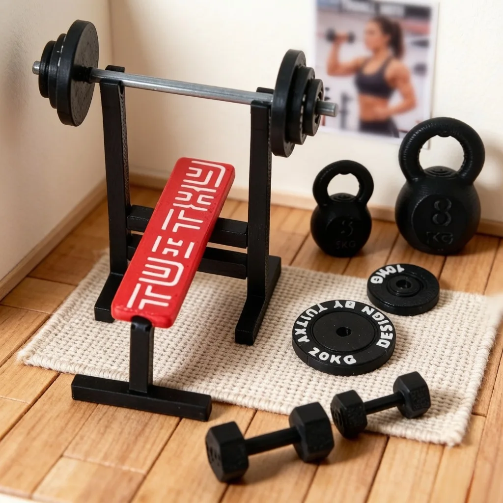 Dollhouse Mini Gym Equipment Set, 3D Printed Weight Bench Dumbbell Kettlebell Model, Micro Scene Decor Accessory