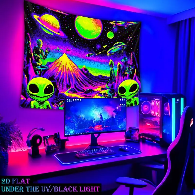 VIKAMA UV Reactive Alien Space Tapestry Blacklight Trippy UFO Planet Wall Hanging Psychedelic Neon Landscape Bedroom Decor