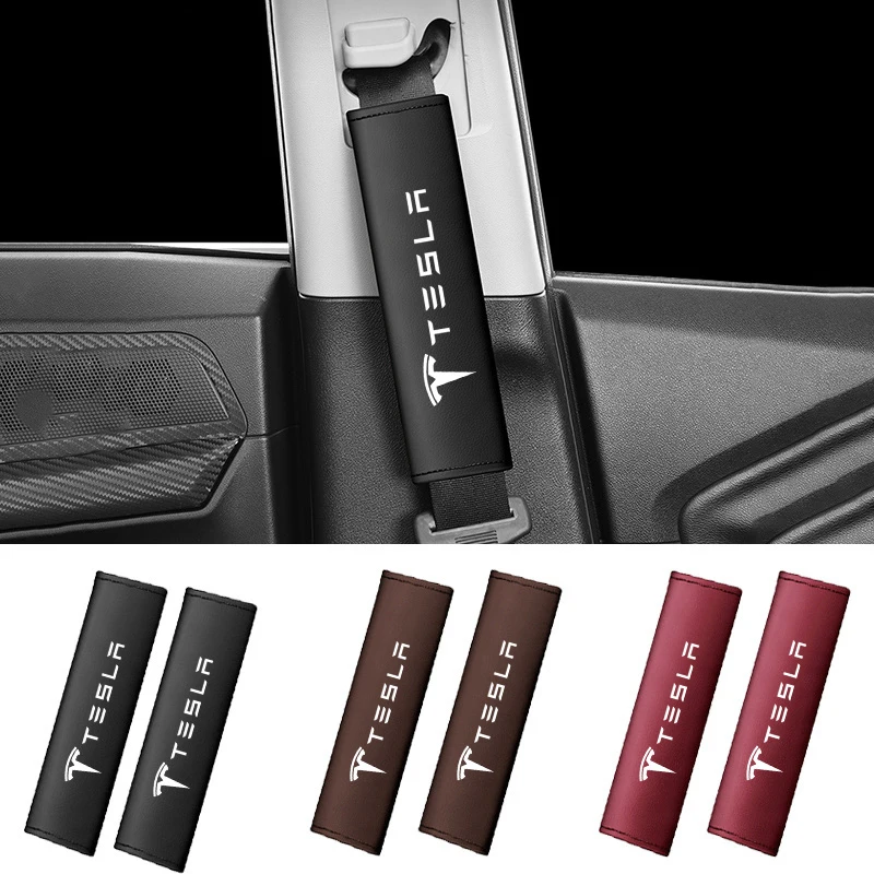 

2pcs Leather Seat Belt Cover Car Styling Safety Belts Shoulder Protector Pad For Tesla Model 3 Model S X Model Y Roadster SpaceX