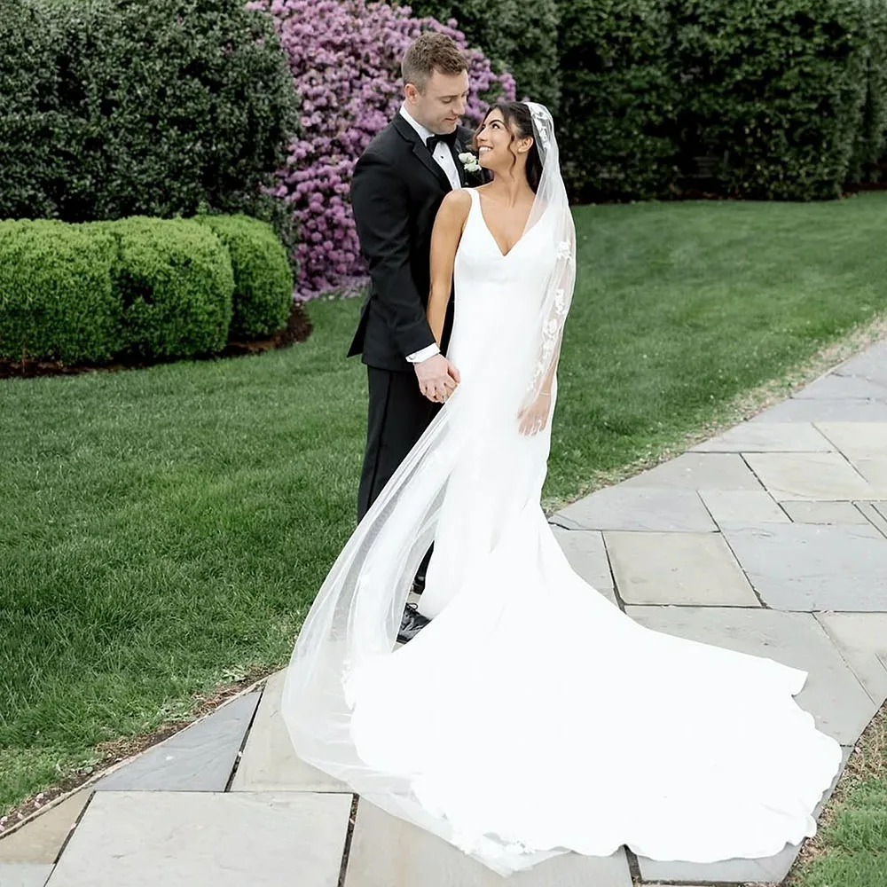 

Customized Simple Crepe Bridal Dress Civil Mermaid Wedding Gown Sleeveless Backless Long Train Bride Dresses