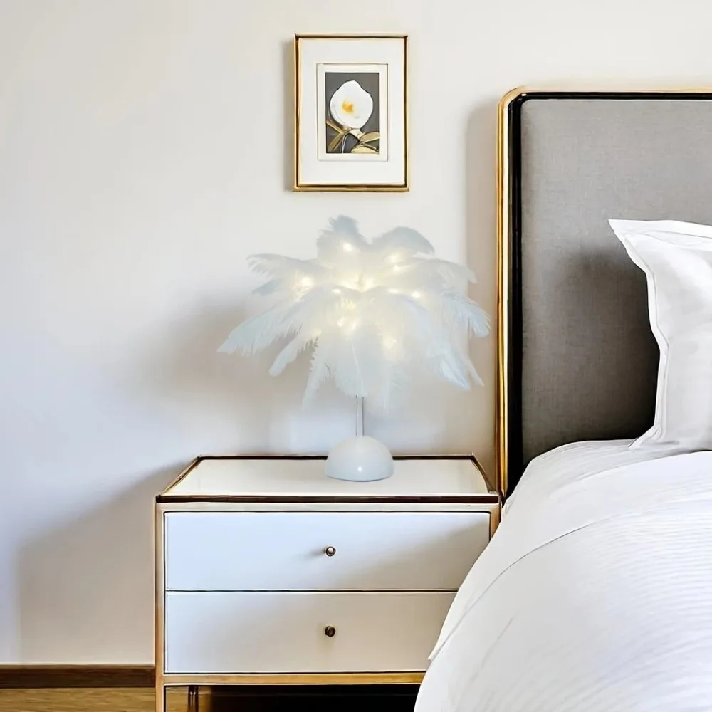1PC desktop feather small table lamp, battery powered (excluding battery), suitable for bedroom desk headboard decoration