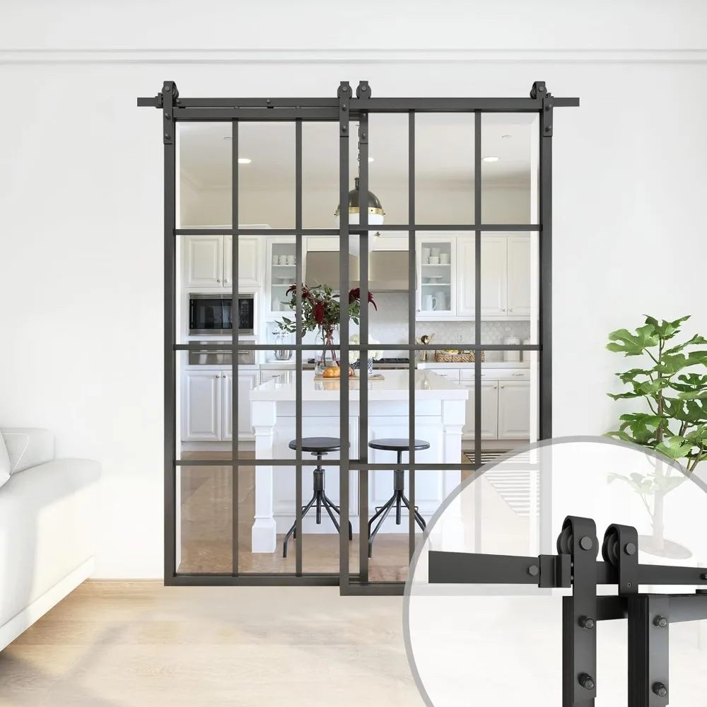 Double Glass Barn Door, with 6.6FT Side-Mounted Hardware Kit, (Fit Max Opening 64