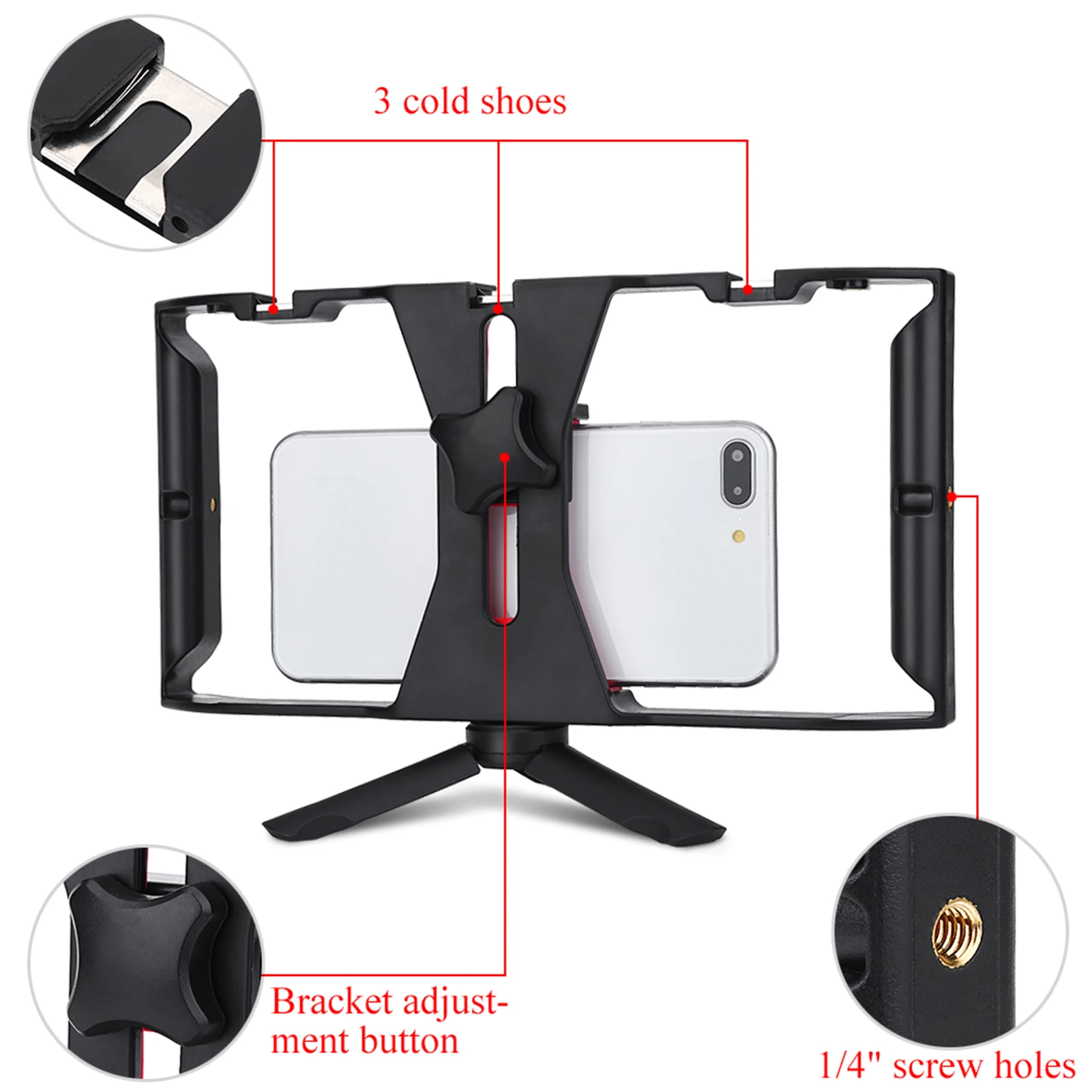 جهاز هاتف ذكي محمول باليد ، حقيبة صناعة الأفلام مع حامل ثلاثي القوائم ، مقبض مزدوج ، حذاء بارد ، تسجيل فيديو ، بث مباشر