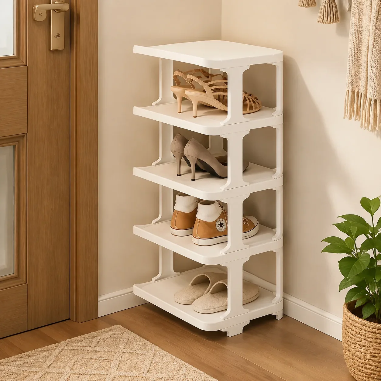 Sturdy Multi-Layer Plastic Shoe Rack Space Saving Entryway Organizer for Home Dorm Small Apartment Entrance Storage Beige-5Tier