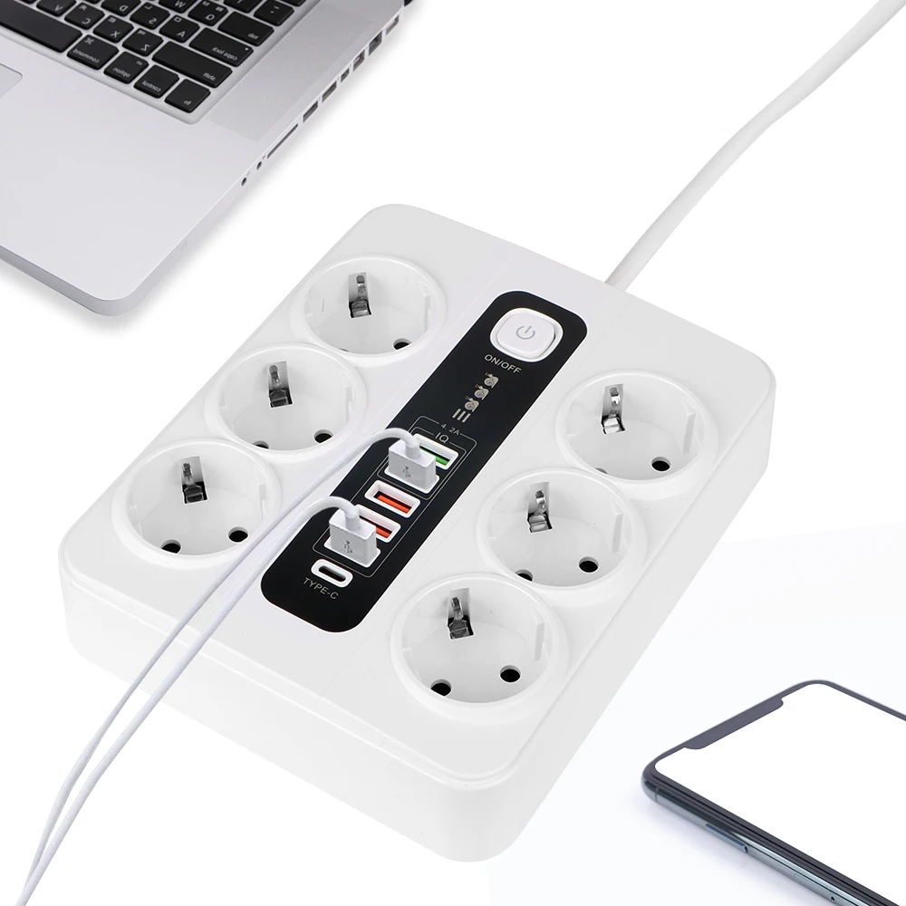 Outlet Power Strip Extension Socket Overload Protection 2M Cable With Safety Switch EU Plug 3000W USB Type C For Office Home