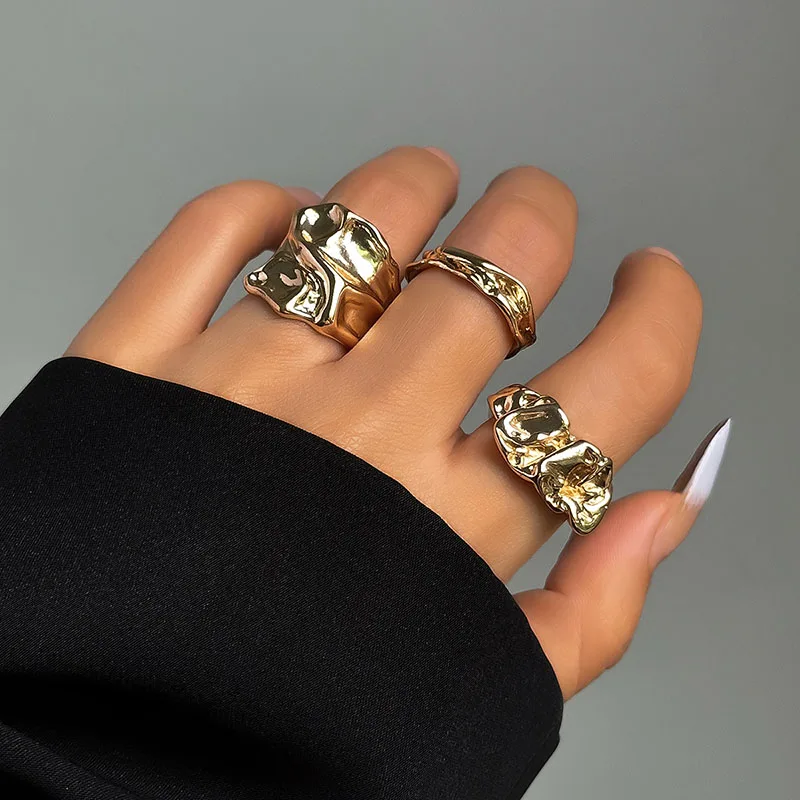 3Pcs Fashion Irregular Pleated Open Ring for Women Men 2024 Punk Liquid Metal Style Finger Y2K Accessories Vintage Jewelry