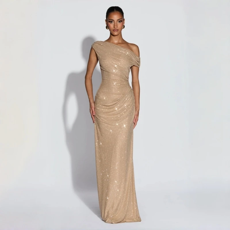 Elegant One Shoulder Sequins Party Dress Chic Sexy Backless Fold Design Slim Fit Female Long Gown 2026 NEW Party Evening Outfits