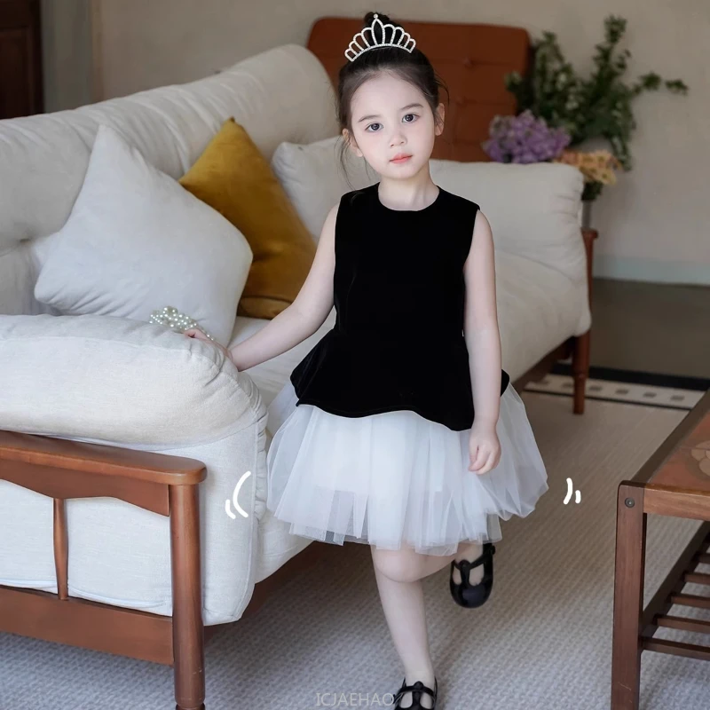 2025-girls-black-white-sleeveless-princess-dress-new-ballet-style-birthday-party-sweet-cute-costume-children-casual-outfits