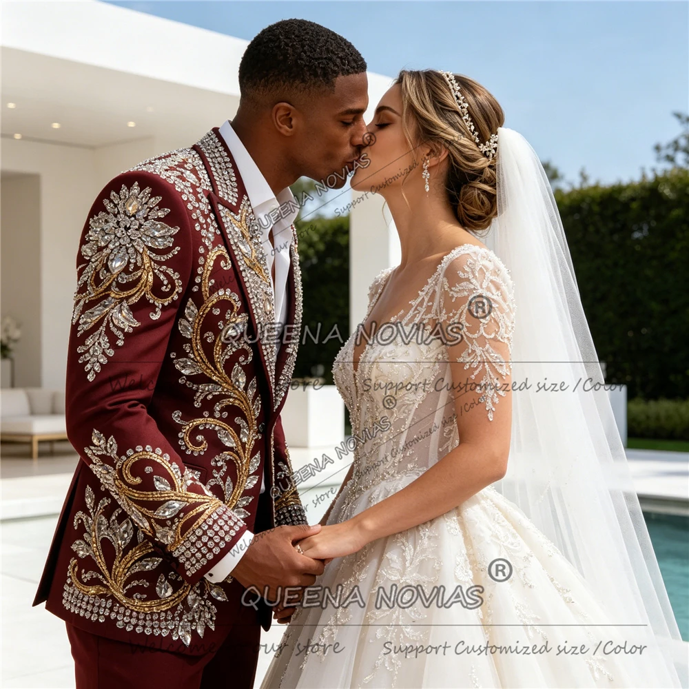 

Luxury Wedding Suit For Man Diamond Beaded Prom Blazer Custom Made 2 Piece Sets Groom Tuxedo Attire Slim Fit trajes para hombre