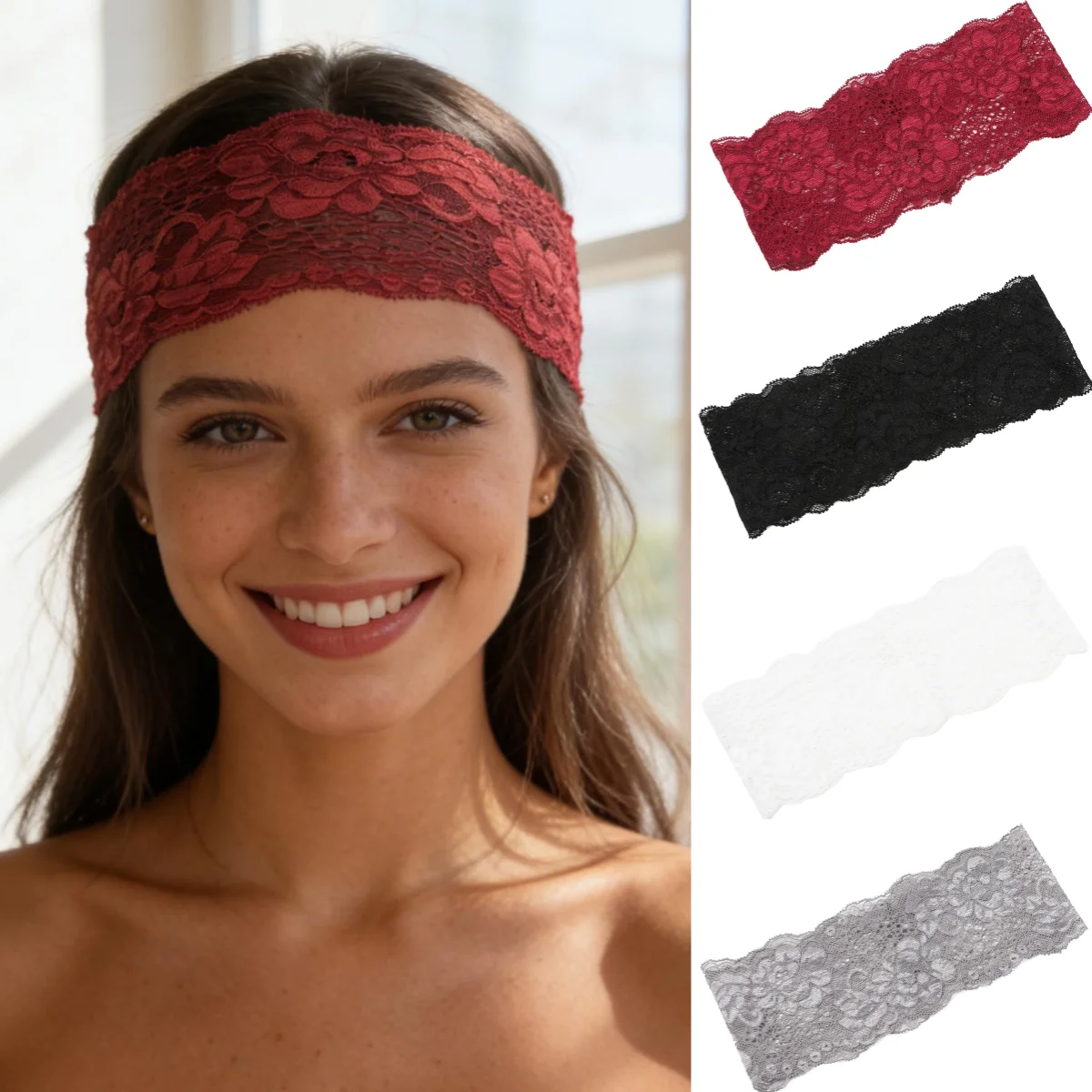 Diadema de malla elástica con encaje para niñas, tocado de boda, elegante, hueca, ligera y transpirable, gorro tipo turbante.