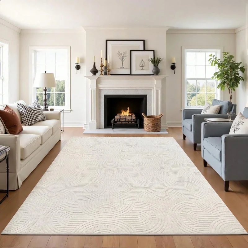 Minimalist Cream Curved Geometric Area Rug Neutral Soft Non Slip Modern Living Room Carpet