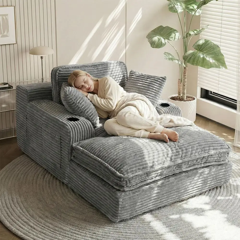 

Большой шезлонг-софа 67 для дома, уютный диван-кровать из вельвета с 3 подушками, 4 карманами и 2 подстаканниками