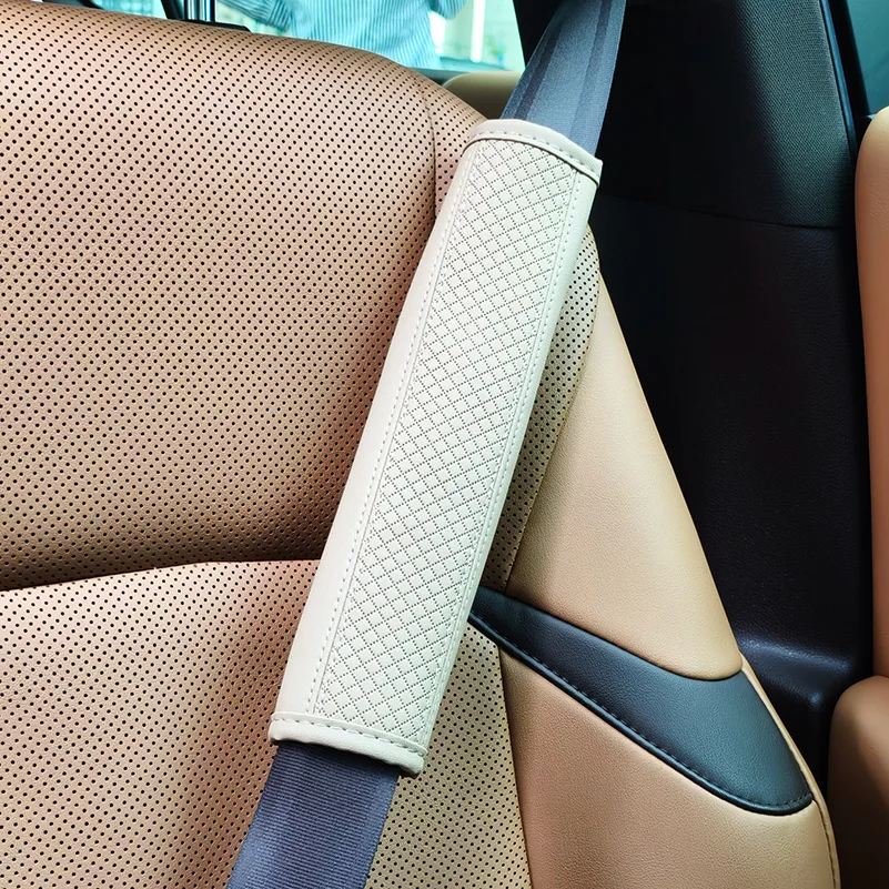 1PCS PU Leather Car Seat Belt Shoulder Cover Embossed Decompression Comfort Car Accessories Safety Belt Protective Cover