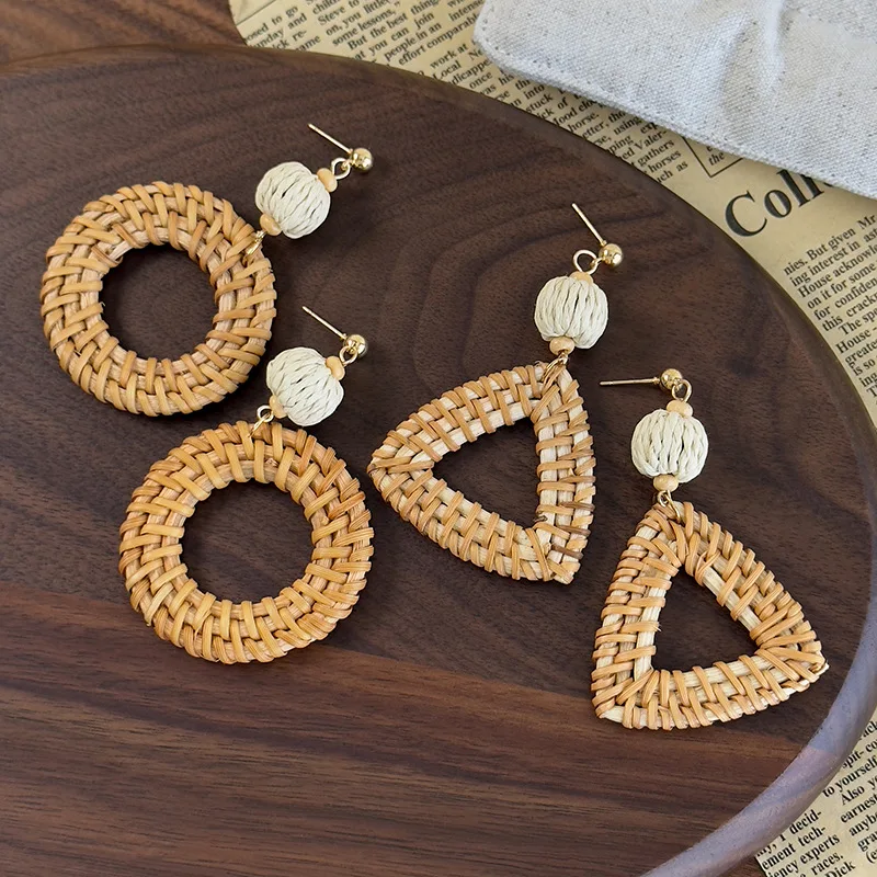 Rattan Drop Earrings for Women Beach Boho Vacation Natural Fiber Lightweight Breathable Unique Resort Style Daily
