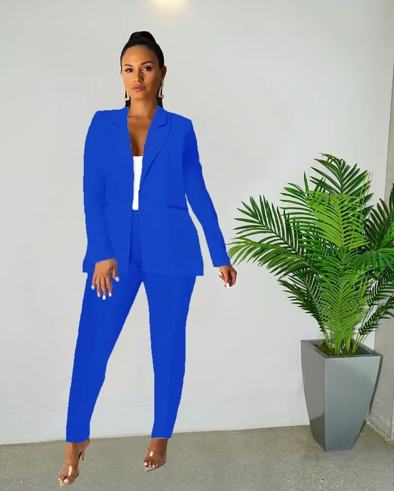 Office Lady Solid Blazer Pak Elegante Tweedelige Set Enkele Knop Lange Mouwen Jas Potlood Broek Fashion Business Werk Uniformen