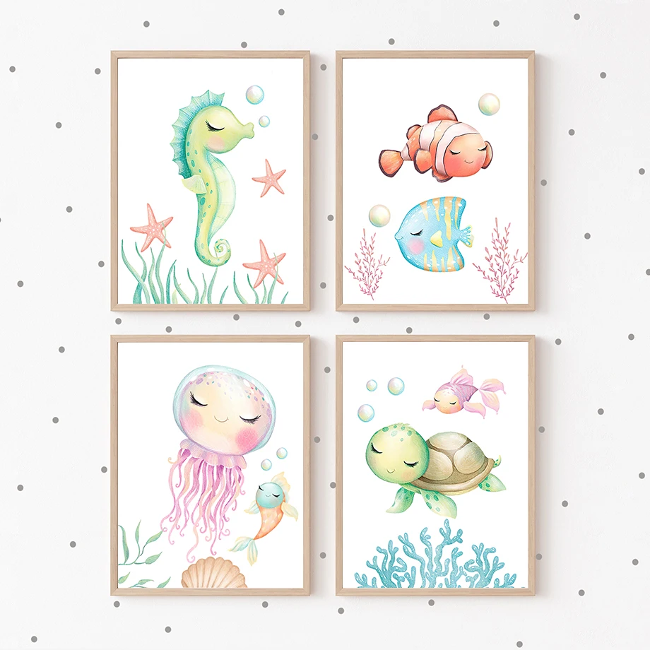 Ocean Animals Poster Clown fish  jellyfish Crab Sea Horse Turtle Canvas Painting Wall Art Mural Print Baby Kids Room Home Decor