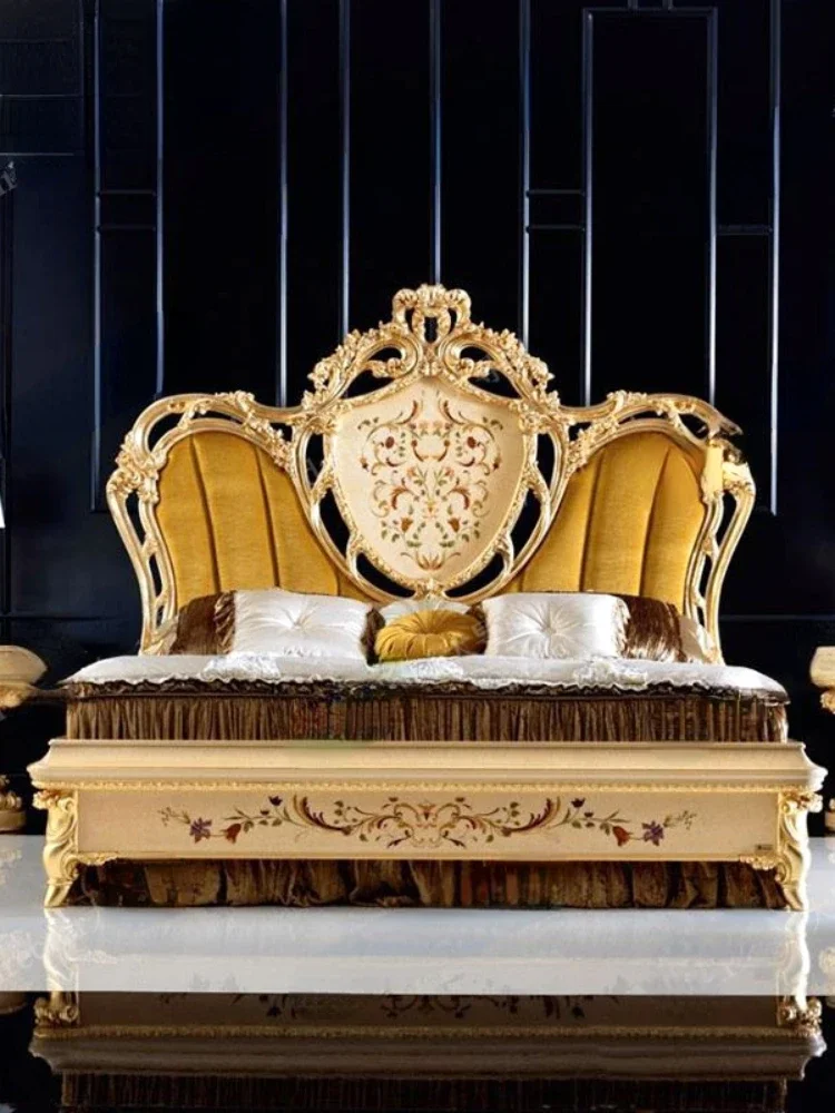 Solid Wood Carved Double Bed Fabric Princess Bed Court Luxury Bedroom Marriage Bed