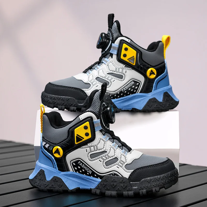 Kids Hiking Shoes Boys Girls Sneakers Rotary Buckle Non-Slip Breathable Mesh Anti-Collision Thick Sole Fashion Outdoor Shoes