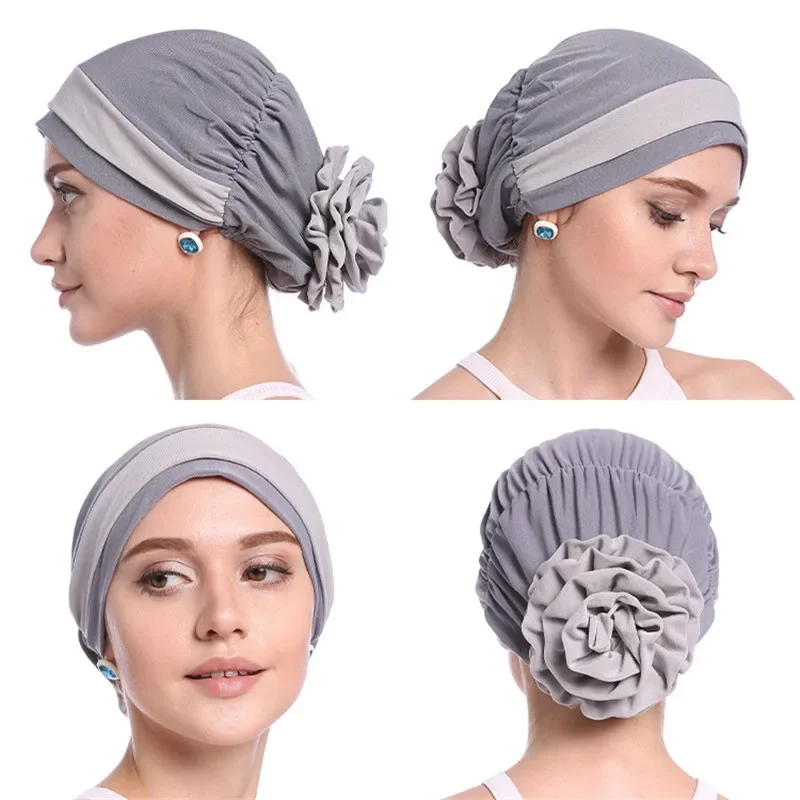 New Hot Pure Color Silk Pan Flower Hat Muslim Stretch Toe Cap Dubai Arab Women's Flower Hat Turban Beanie Fashion