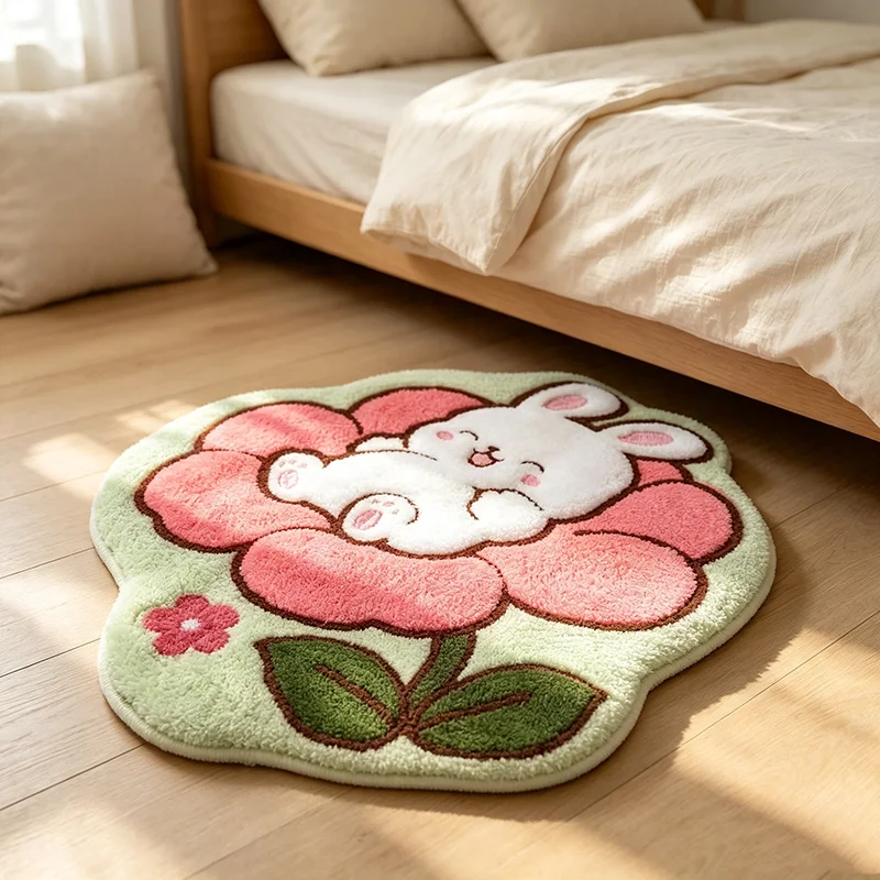 VIKAMA Cute Rabbit On Flower Shaped Plush Bath Mat Anti-Slip Absorbent Cartoon Animal Bedroom Bathroom Floor Decor Rug Home