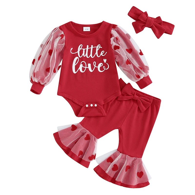 

Caoirhny Baby Girls Valentine s Day Sets Long Sleeve Heart Print Romper Red Flared Pants Headband Sets