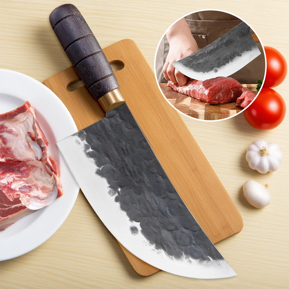 Fleisch Hackmesser, handgeschmiedetes Metzgermesser, runder Holzgriff, serbische Kochmesser zum Schneiden von Fleisch und Gemüse in der Küche, zum Knochen