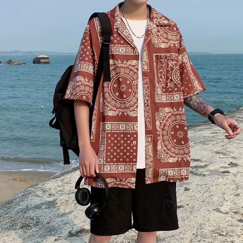 Bandana Paisley Shirt Men Streetwear Shirt Hip Hop Short Sleeve Beach Male Clothing Harajuku 2023 Summer Hip Hop