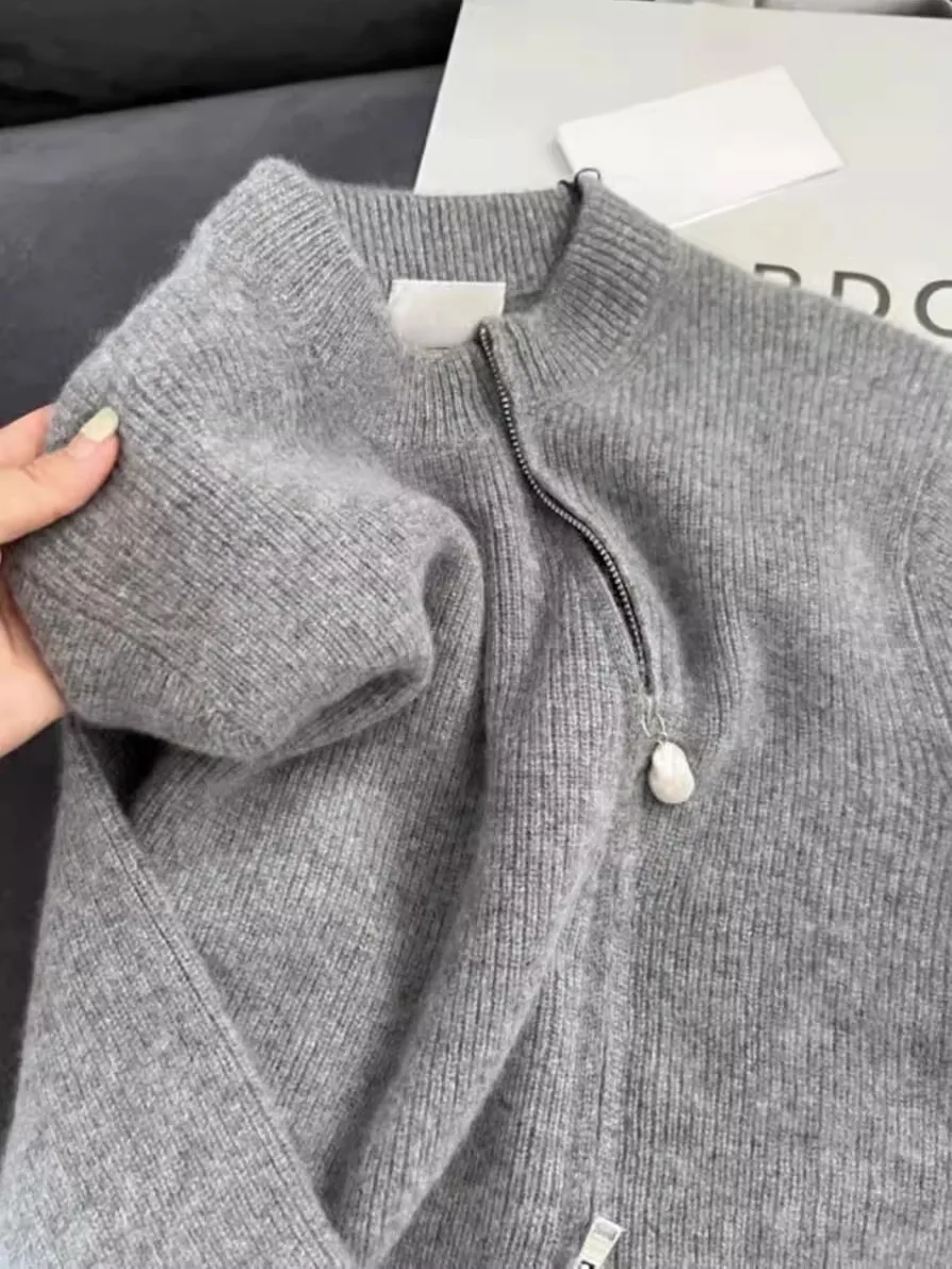 2024 new 100% pure cashmere cardigan women\'s round neck shell buckle double open diagonal zipper solid color sweater knit coat