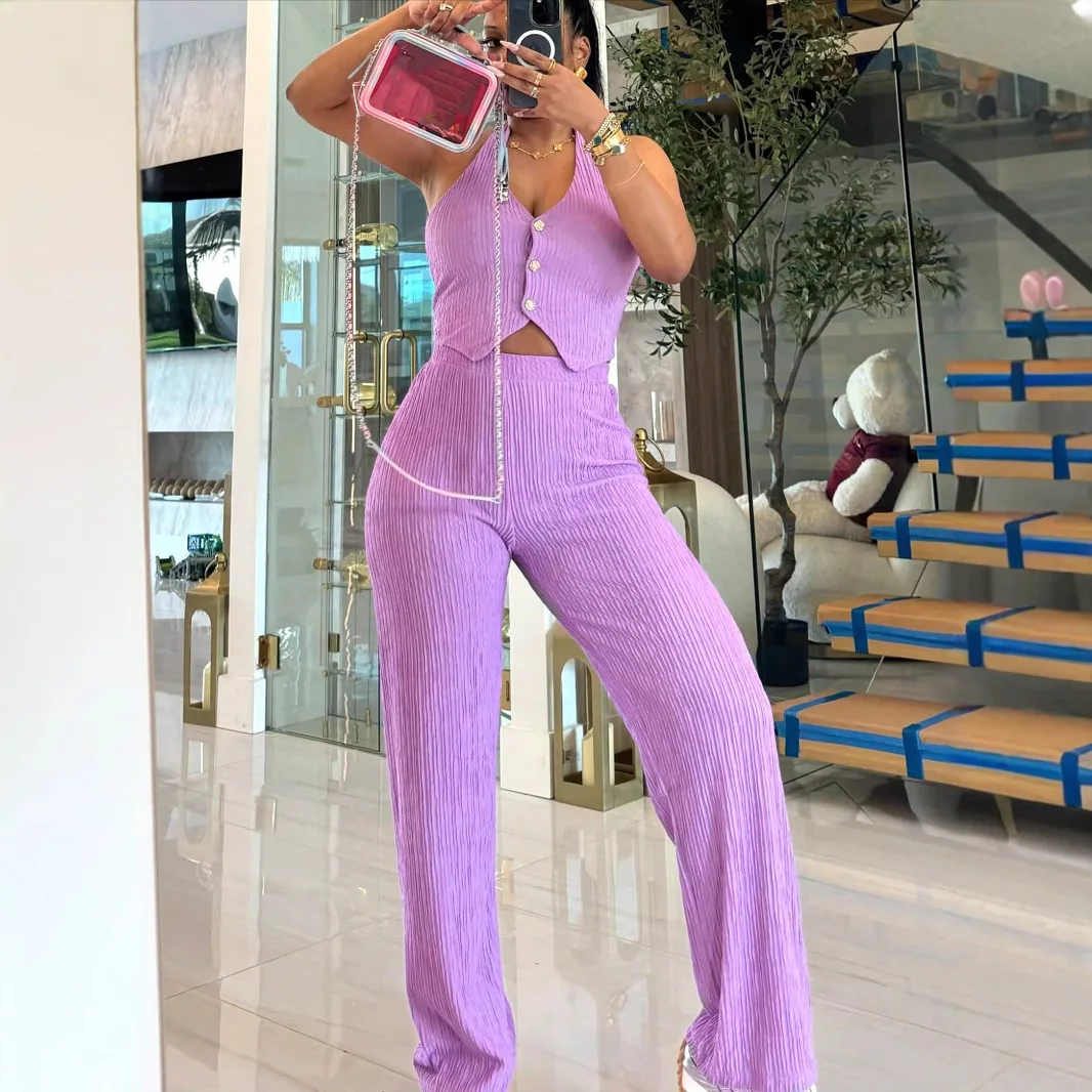 2025 ฤดูใบไม้ผลิ/ฤดูร้อนใหม่ผู้หญิงแฟชั่นSlimmingเสื้อกั๊กเอวสูงกางเกงขากว้างสไตล์ชุด 2 ชิ้น