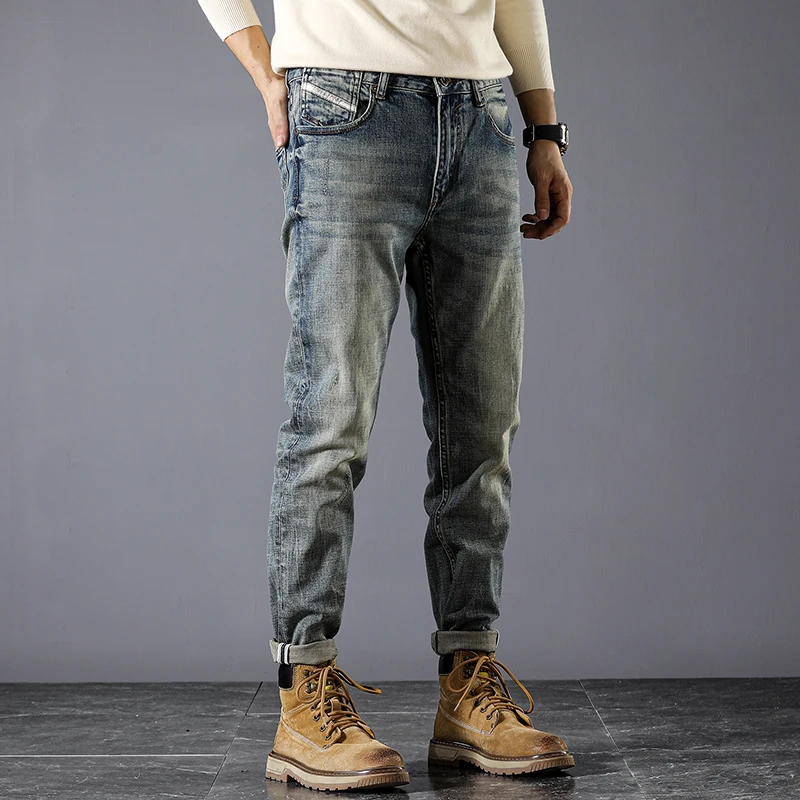 European station distressed jeans men's retro washed elastic small feet spring and autumn casual pants skinny jeans men