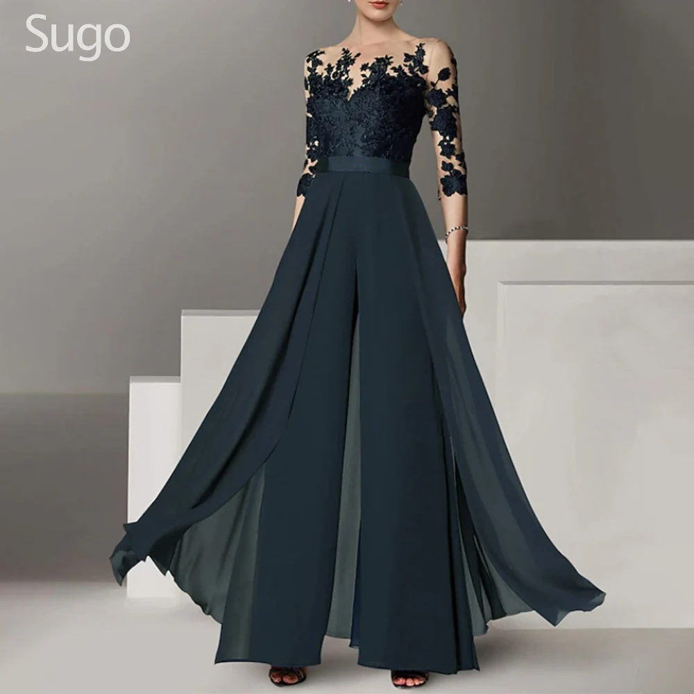 

Customized Pantsuits Mother of the Bride Dresses Chiffon 3/4 Length Sleeve Floor-Length Wedding Guest Party Gala Groom Dress