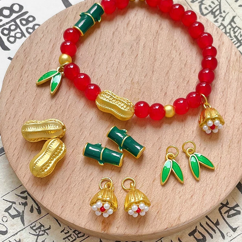 6pcs Colored Glaze Peanut Gourd Lotus Pendant Diy Handmade Jewelry Bracelet Braided Red Rope Bead Accessories Material Charms