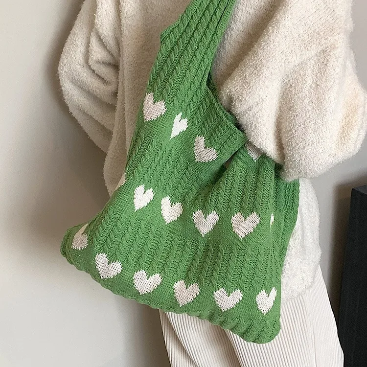 Women‘s 2026 New Handmade Woolen Knitted Bag Summer Love Heart Underarm Shoulder Bag Chic Casual Love Tote