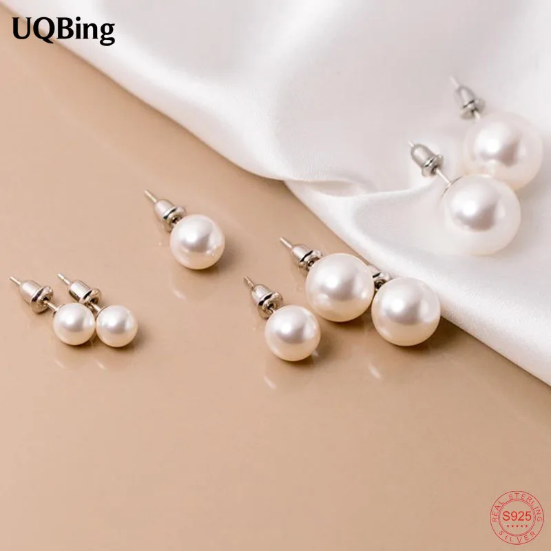 

1 Pair 100 % Pure 925 Sterling Silver Different Size Round Simulated Pearl Stud Earrings Jewelry Girlfriend Gift