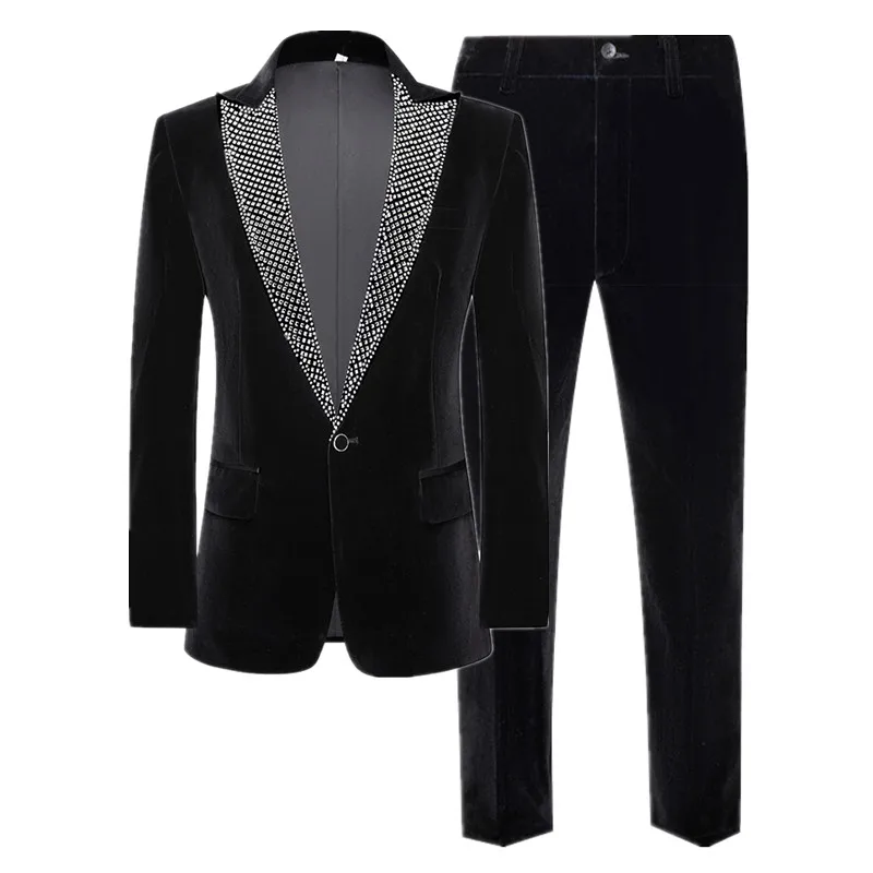 New Men High Quality Wedding Banquet Sequin Suit 2 Piece Set Black / Blue Fashion Men Luxury Gold Velvet Blazer and Trouser