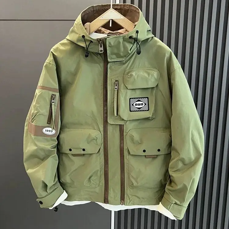 

Мужская осенняя рабочая куртка с капюшоном, с множеством карманов, повседневная, для активного отдыха, ветрозащитная, из полиэфирного волокна, с длинными рукавами, на молнии, чистый полиэстер.