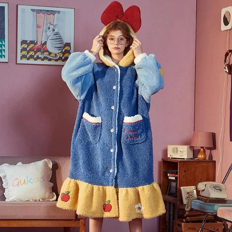 

Hooded Snow White Robe Lingerie Homewear Bathrobe Sleepwear Nightgown Winter Pajamas Nightdress Thickened Women's Nightwear