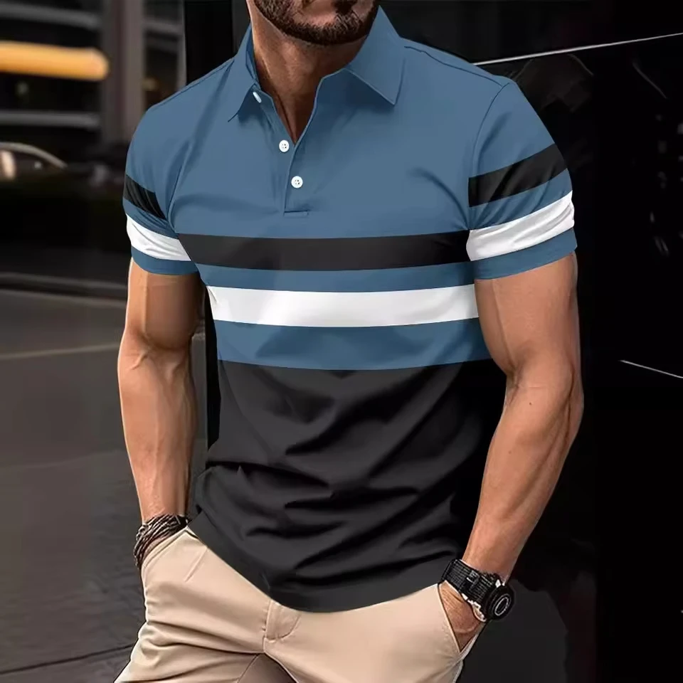 2025 Summer New Fashion Men's Casual Trendy Turn-down Collar Short Sleeve Striped T-shirts Button Polo Shirts Male Clothes Tops