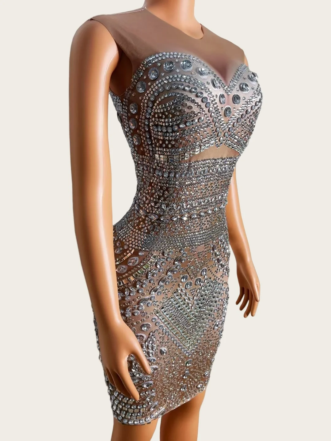 

Sparkly Rhinestone Elegant See Through Mesh Short Dress Birthday Celebrate Party Photo Shoot Wear Prom Sexy Women Couture Buluo