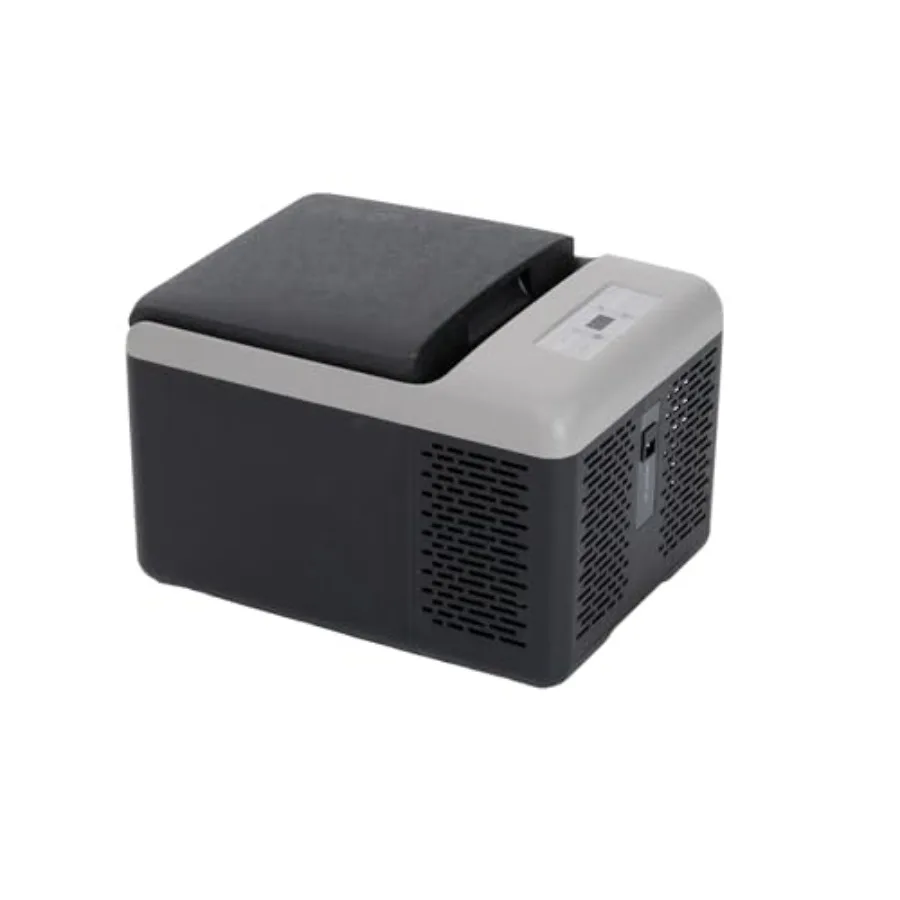

Portable car freezer cooler for outdoor, camping, RV, truck use; ABS plastic body; black and grey color; 10-quart capacity with