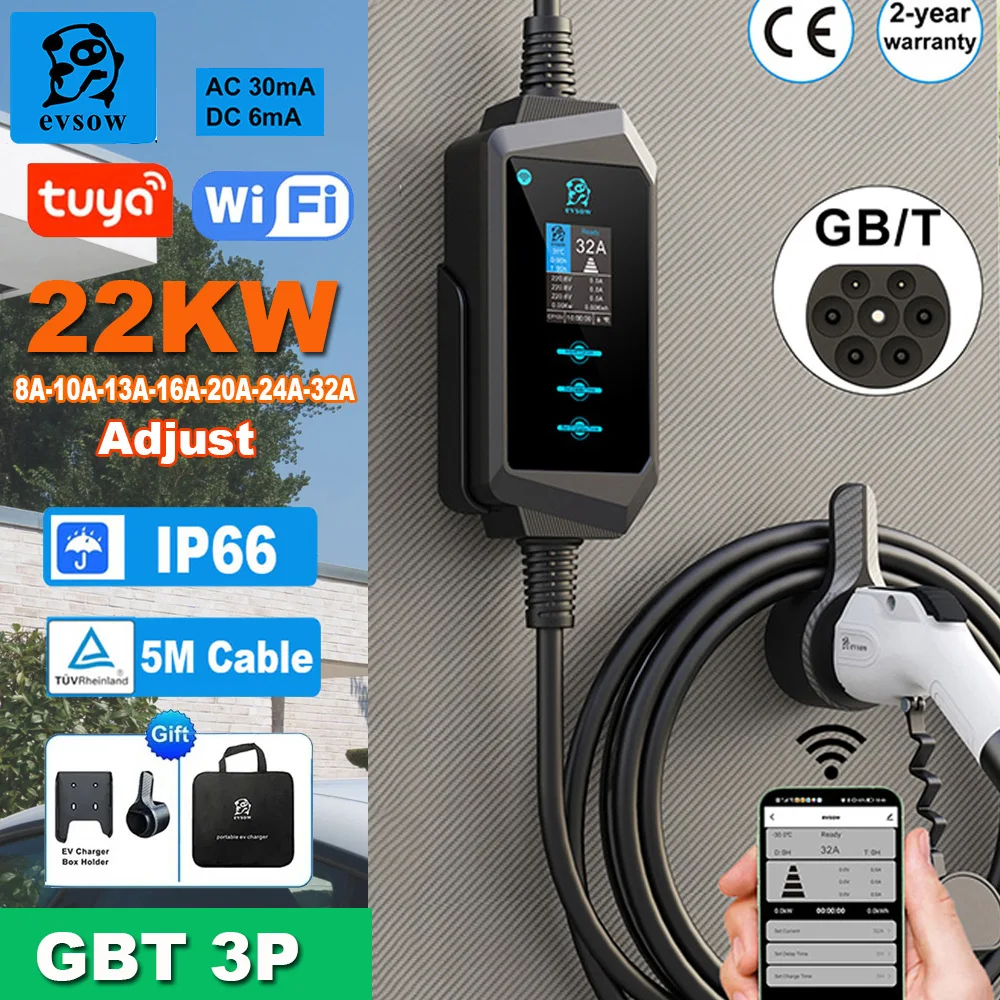 

evsow Portable EV Charger GBT 22KW 32A 3Phase Electric Car Charger With WIFI APP Control AC30mA+DC6mA GBT Fast Charging Charger