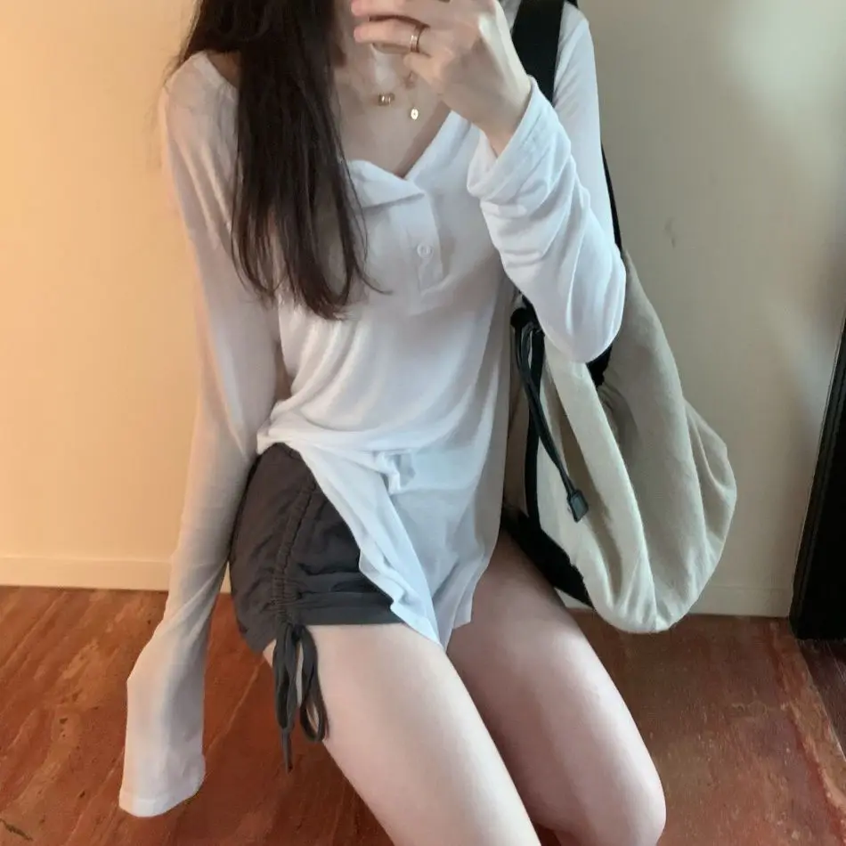 Korean Style Sexy Long Sleeve Sun Shirt Summer New V-Neck Lightweight Button Blouse Sun Protection Slim Fit Y2K Aesthetic Top
