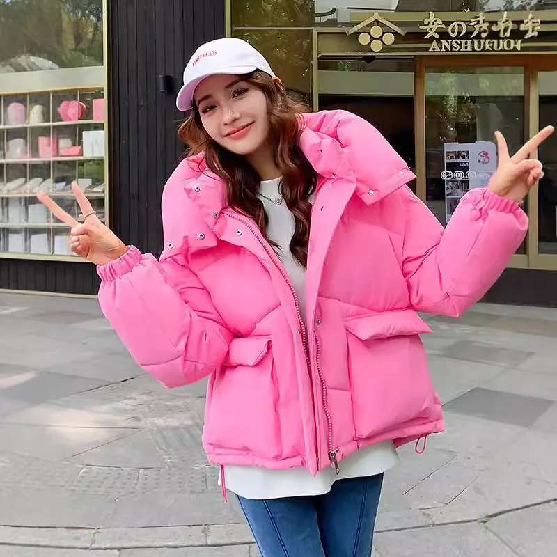 Short Parkas Coats Women Solid Jackets Drawstring Hooded Zipper Pocket Long Sleeves Thick Loose Office Lady Casual 2025 Winter