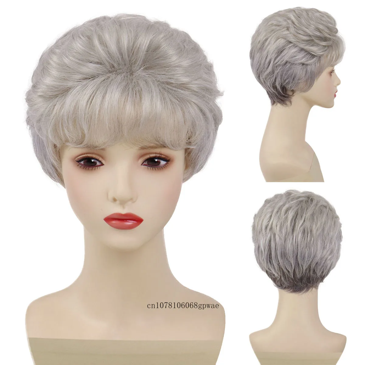 

Short Grey Wig Synthetic Curly Hair Wig with Bangs Daily Older Wig for Women Cosplay Halloween Party Grandma Use Soft Fluffy