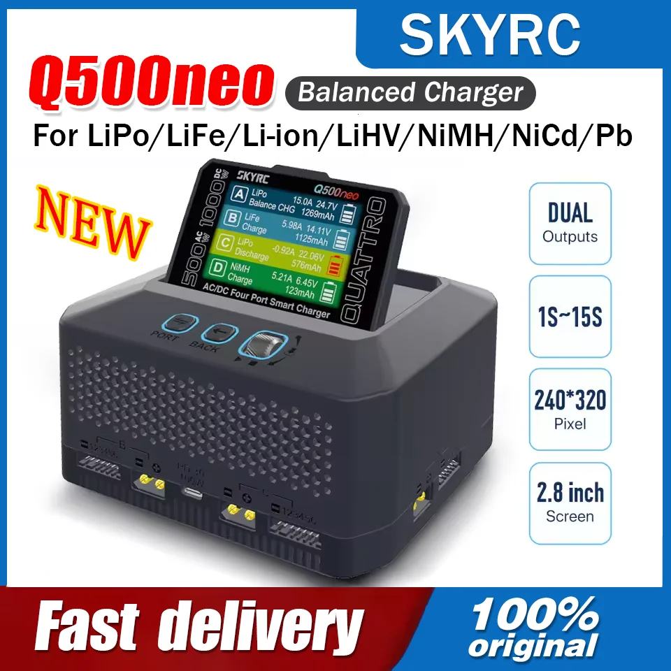 SKYRC Q500neo Charger 4×25A Ports 500W Discharge 16-bit ARM PID Adjustable Power Supply for LiPo LiFe Li-ion LiHV NiMH NiCd Pb